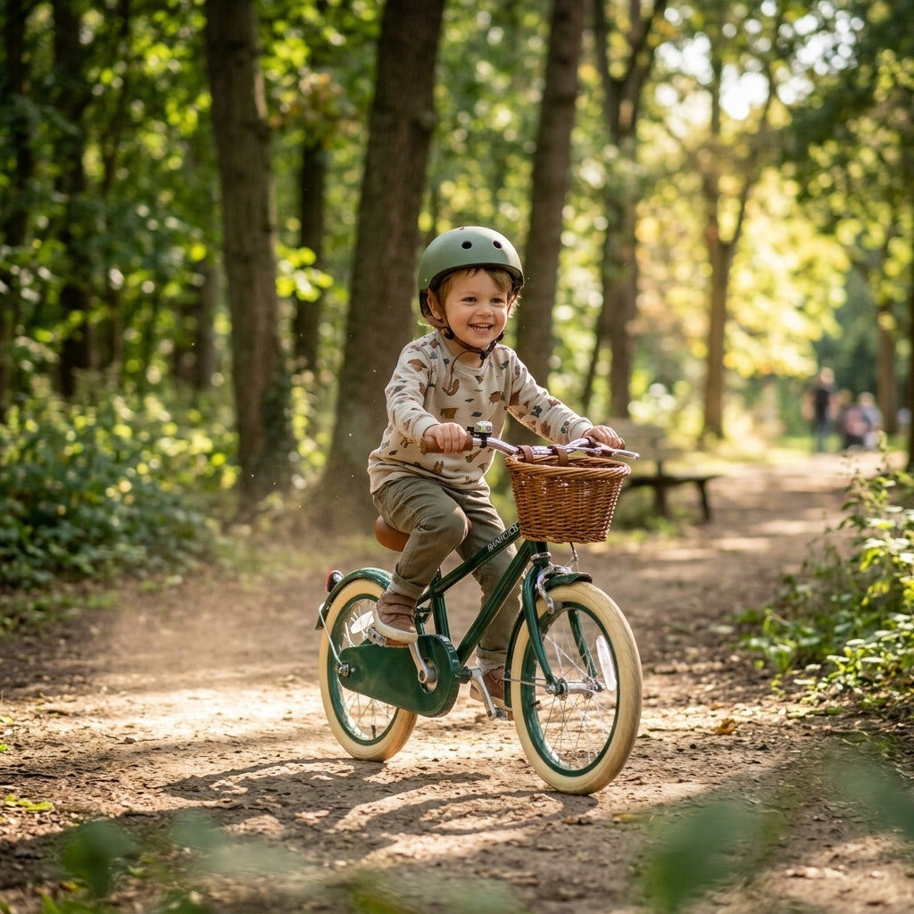 Child riding the green Banwood Classic Bicycle along a woodland park path
