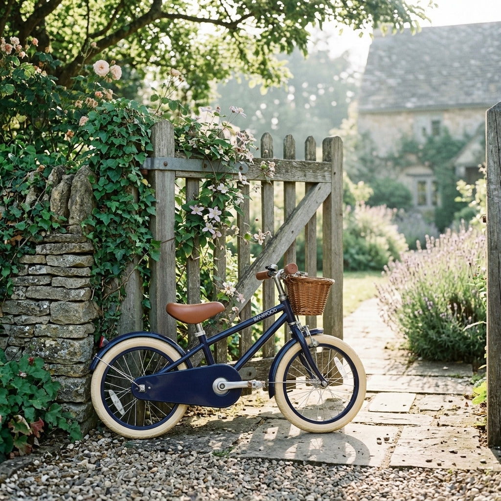 Navy Banwood Classic Bicycle styled against a wooden garden gate showing its vintage Scandinavian design