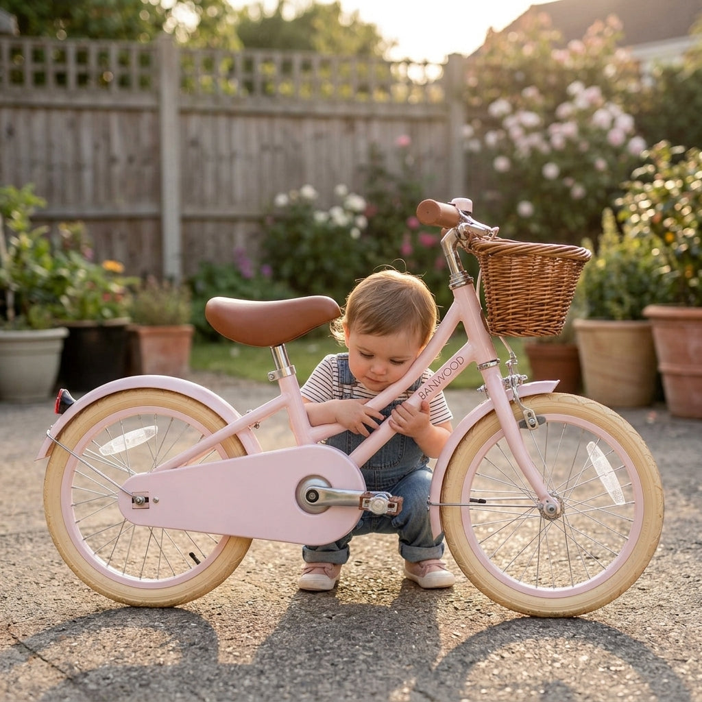 Child with the pink Banwood Classic Bicycle on a home driveway