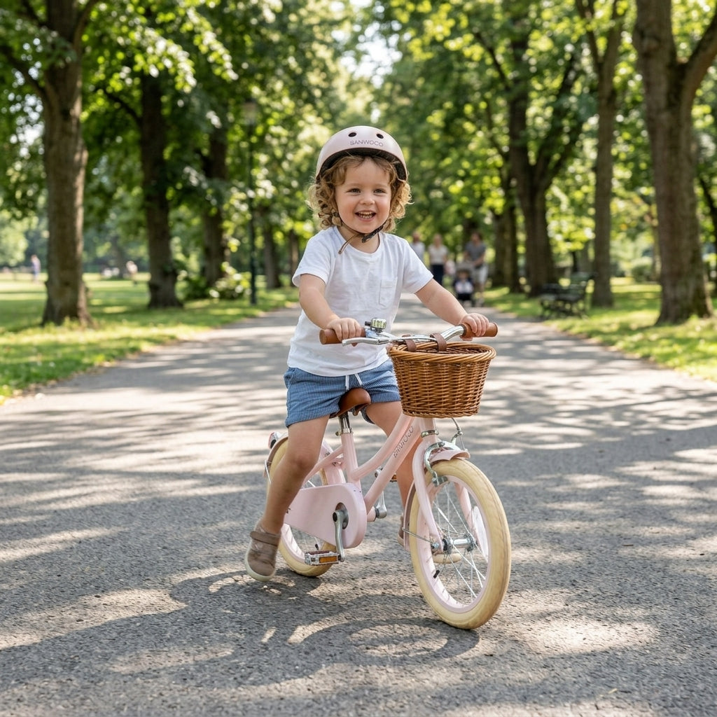 Child riding the pink Banwood Classic Bicycle along a park path outdoors