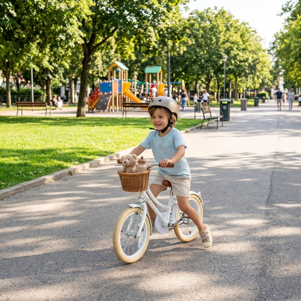 Child riding the white Banwood Classic Bicycle along a park promenade