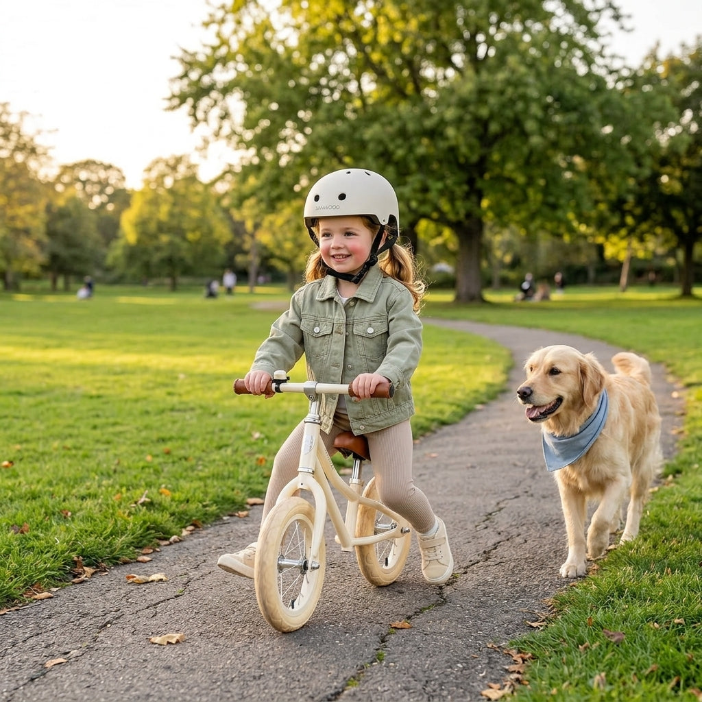 Child riding a balance bike outdoors with a dog wearing the Banwood Classic Helmet in matte cream