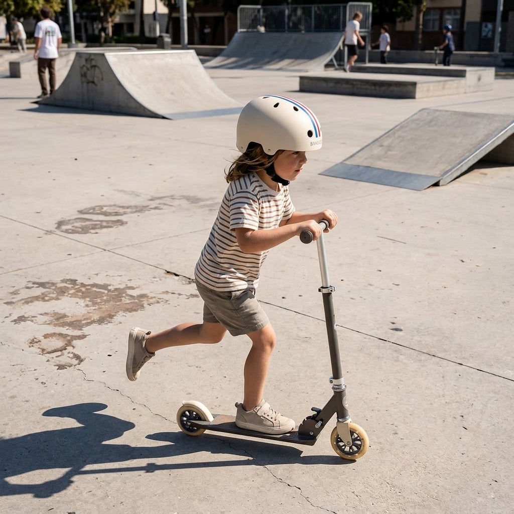 Child riding a scooter outdoors wearing the Banwood Classic Helmet in the striped colourway