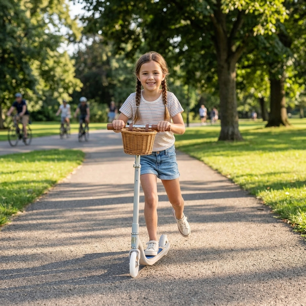 Child riding the Banwood Maxi Scooter Vintage in Beige along a sunny park path