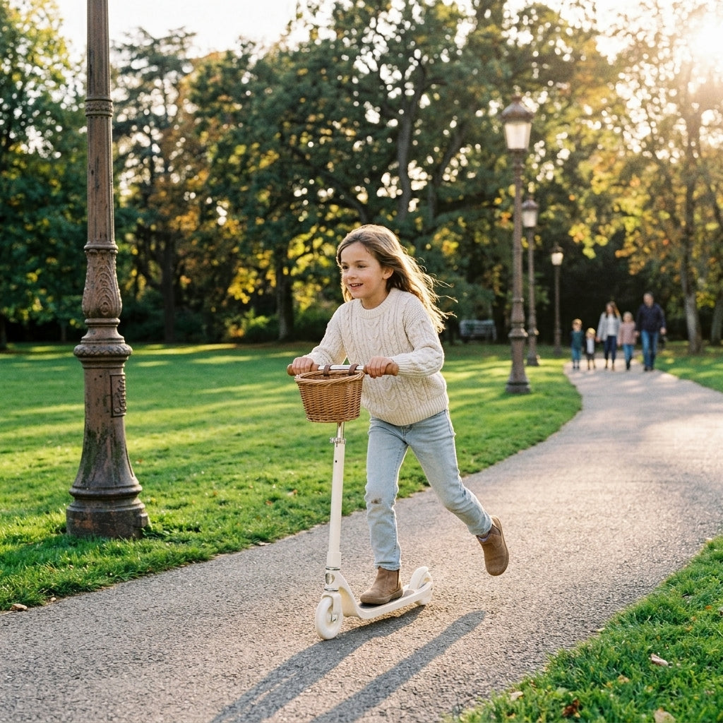 Child riding the Banwood Maxi Scooter Vintage in Cream along a lamplit park path