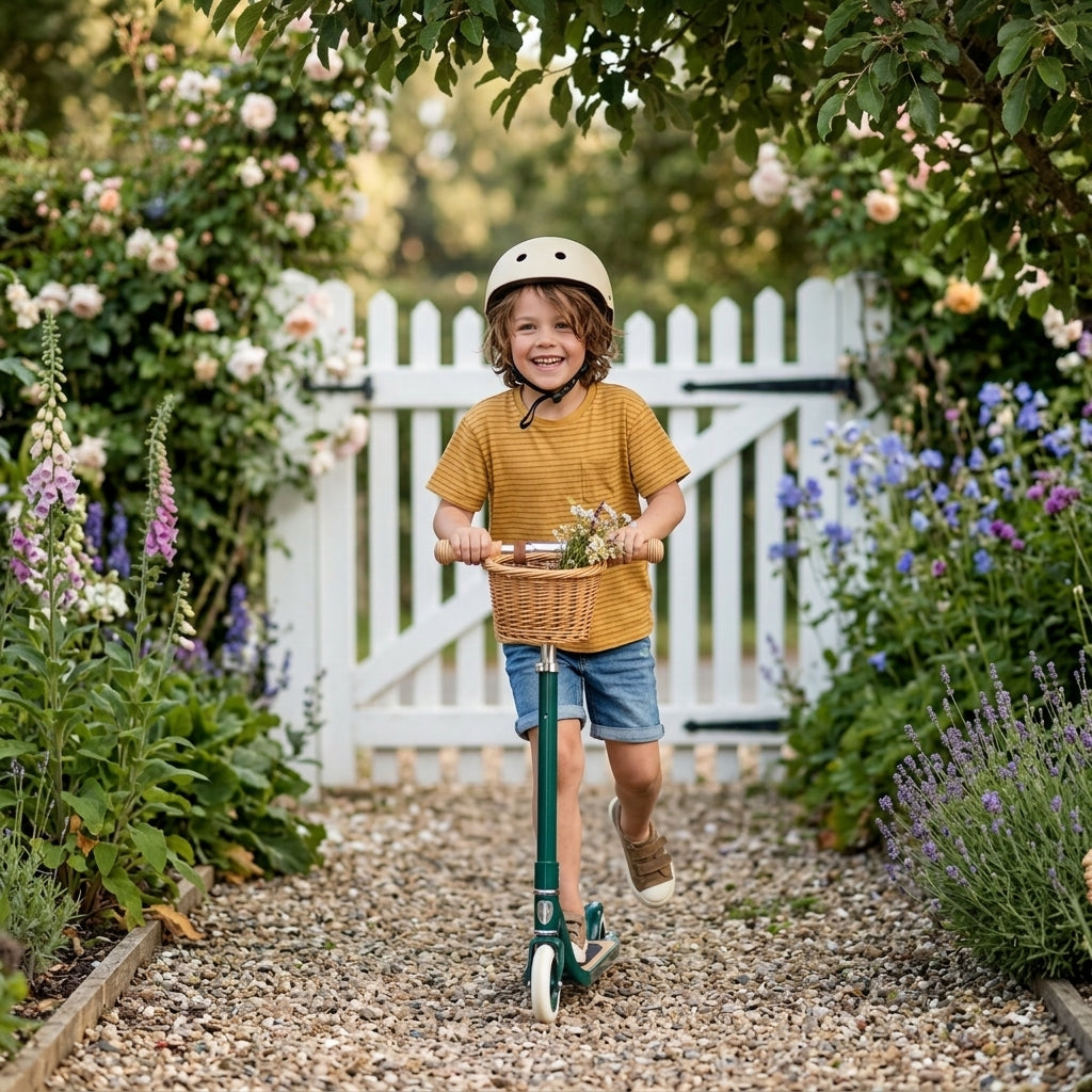 Child riding the Banwood Maxi Scooter Vintage in Green along a garden driveway