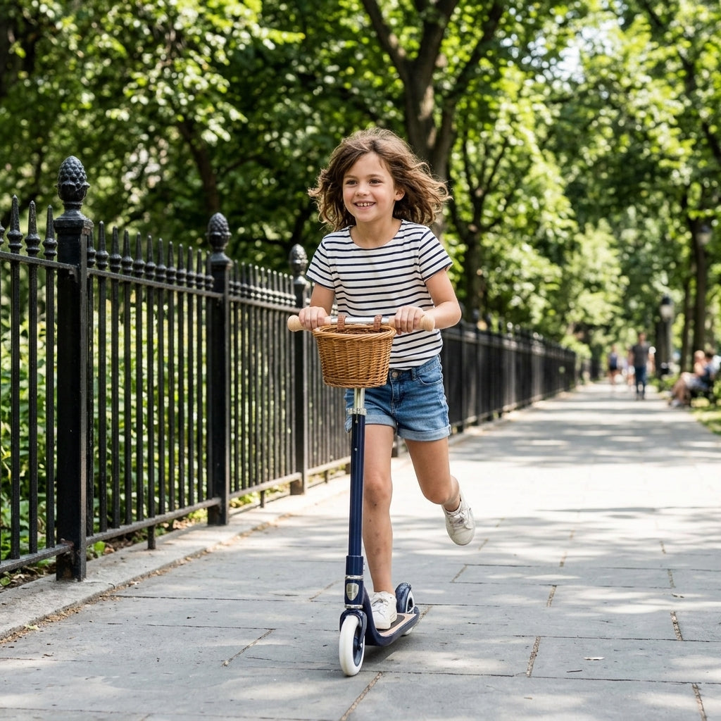Child riding the Banwood Maxi Scooter Vintage in Navy along a park promenade