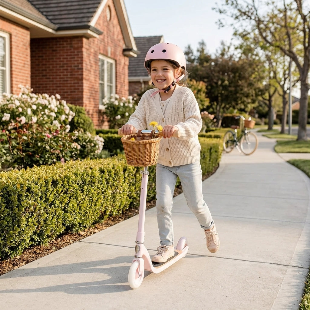 Child riding the Banwood Maxi Scooter Vintage in Pink outside a house