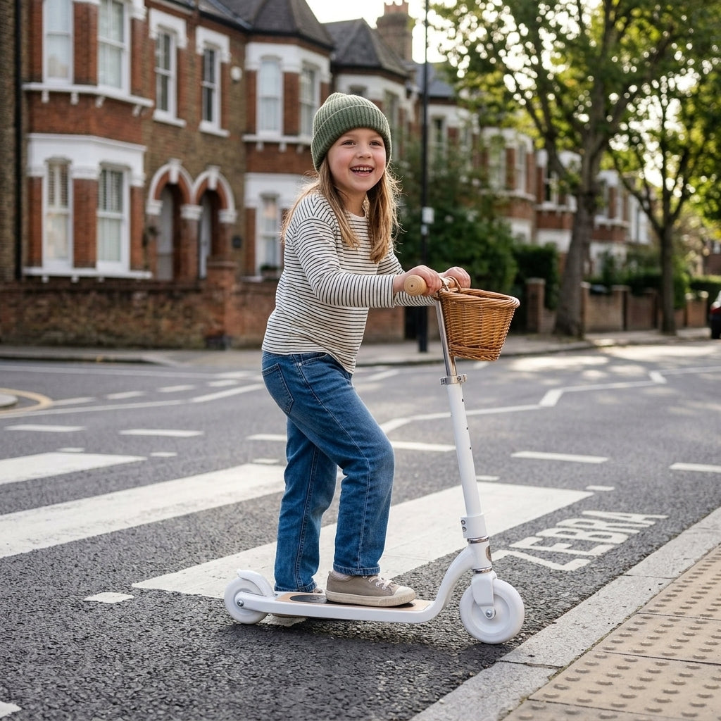 Child riding the Banwood Maxi Scooter Vintage in White on an urban pavement