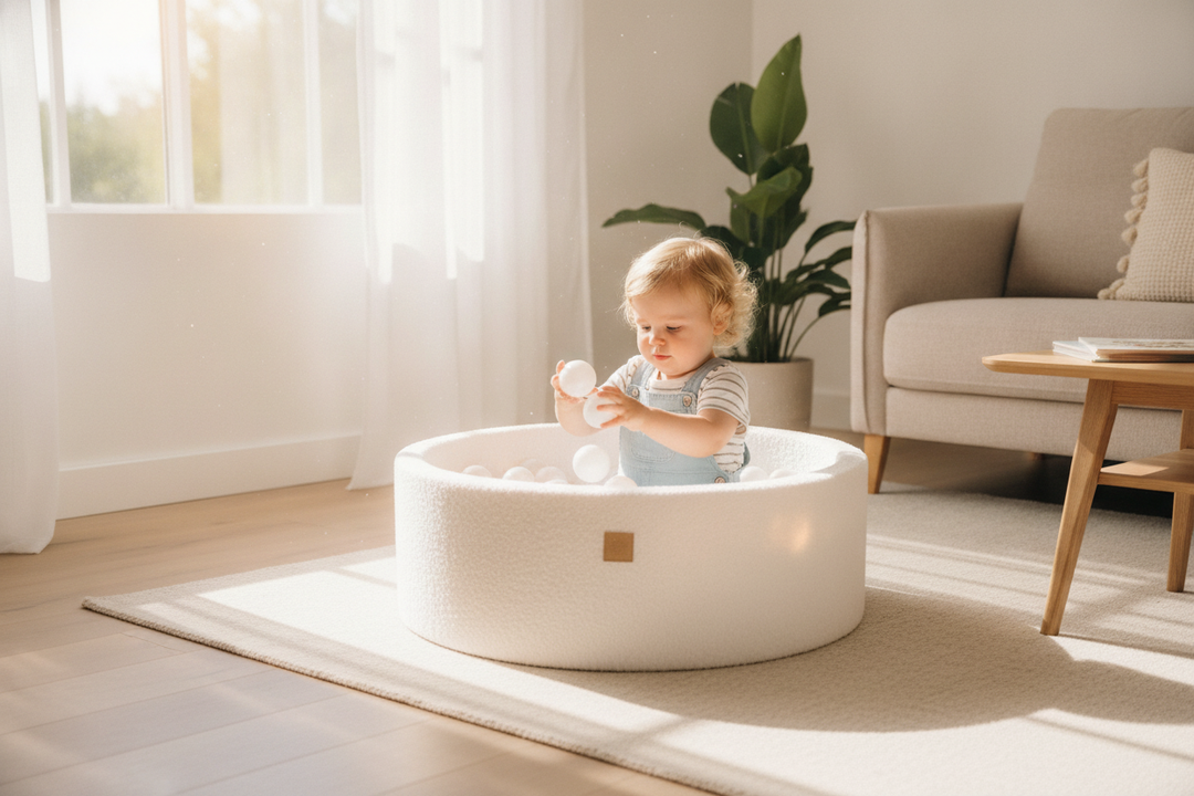 MeowBaby White Boucle Ball Pit indoors with summer light