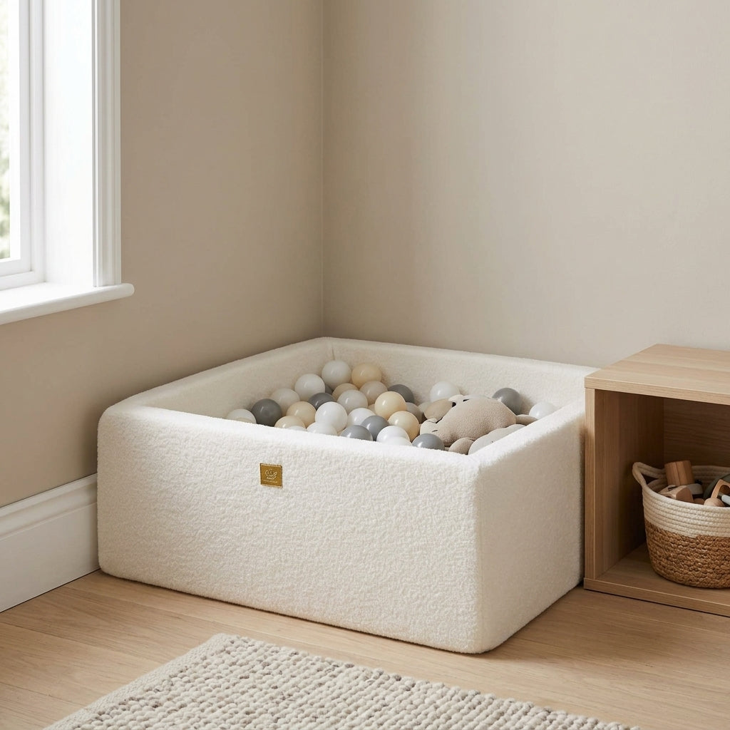 MeowBaby white boucle square ball pit placed flush against a wall in a compact playroom
