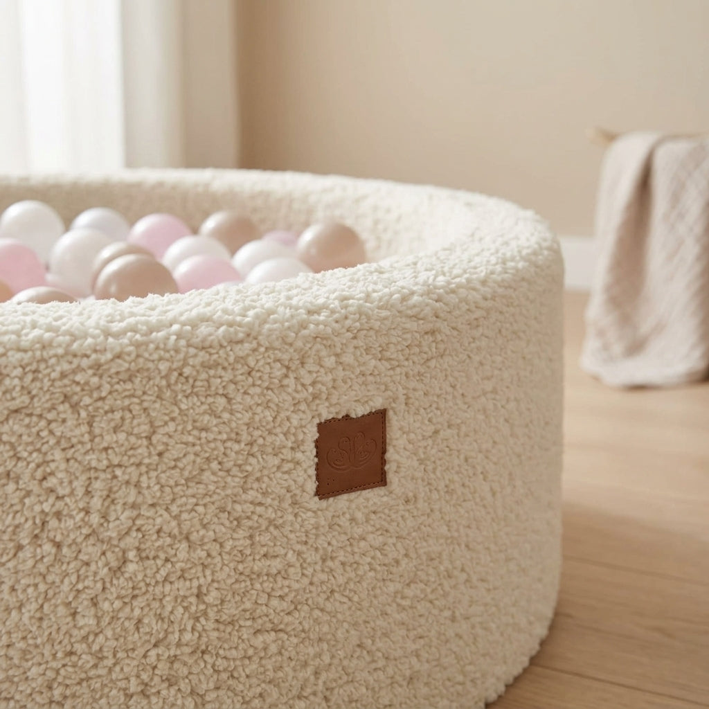 Close-up of the soft teddy-plush texture on a MeowBaby Bearly ball pit