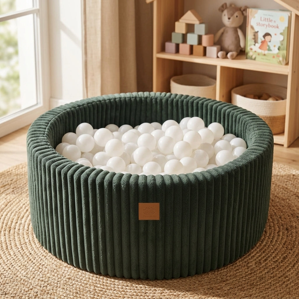 Close-up of MeowBaby Pine Forest Green Churros round ball pit showing ribbed corduroy texture
