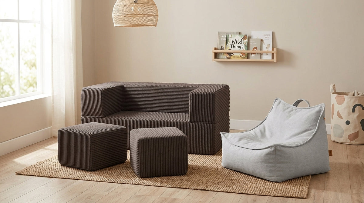 MeowBaby Aesthetic Cube Kids Sofa and Sako Bag pouffe styled together in a playroom, comparing structured and loose seating