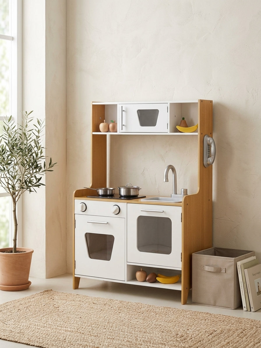 MeowBaby Natural and White Wooden Play Kitchen shown as a simple everyday design in a bright playroom