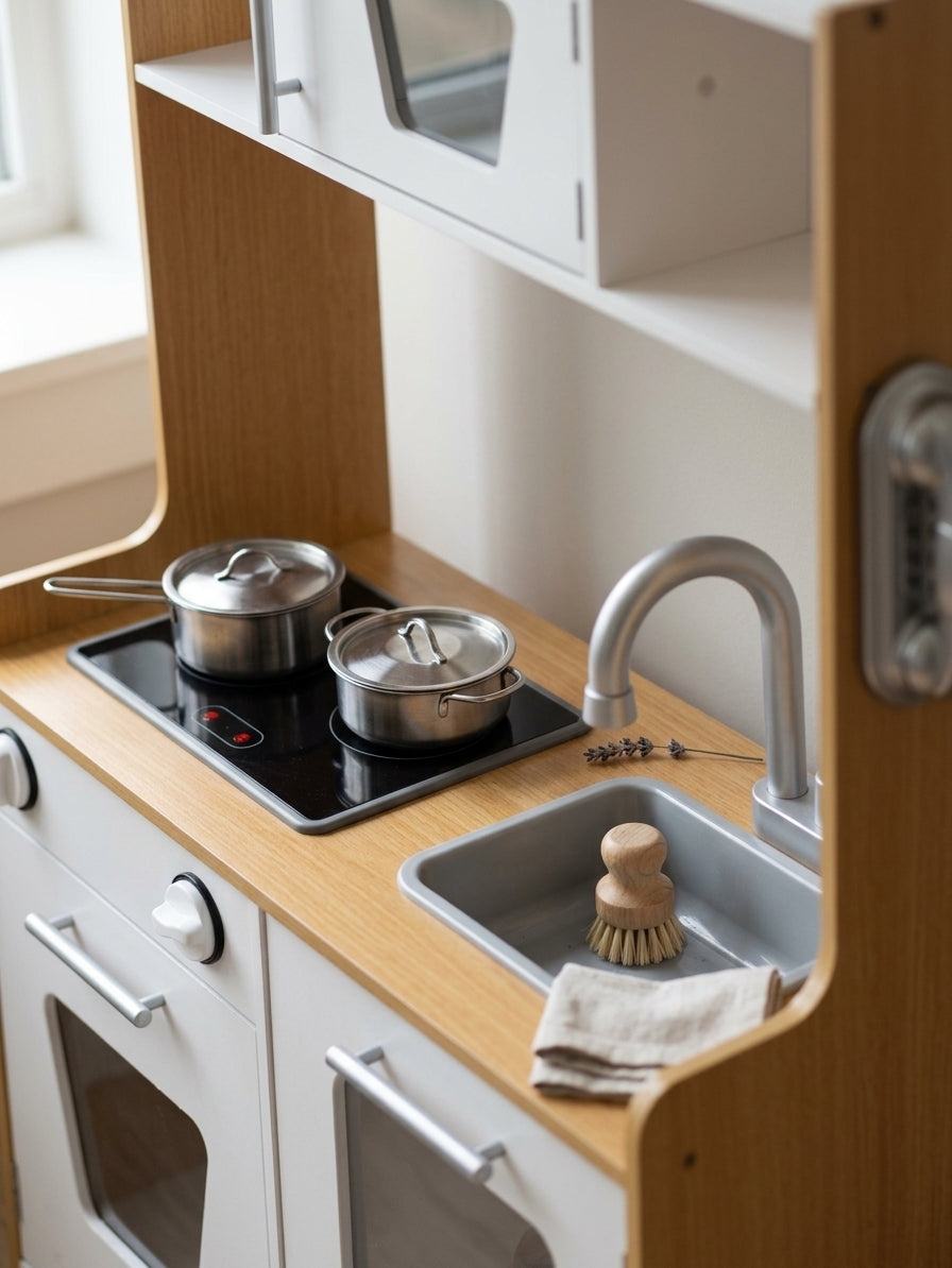 Close-up of the hob and sink detail on the MeowBaby Natural and White Wooden Play Kitchen