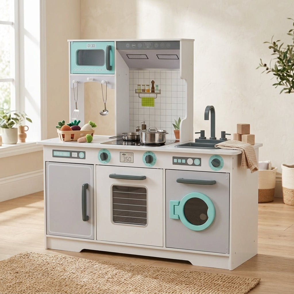 MeowBaby Grey and Teal Wooden Play Kitchen showing its added washing machine module