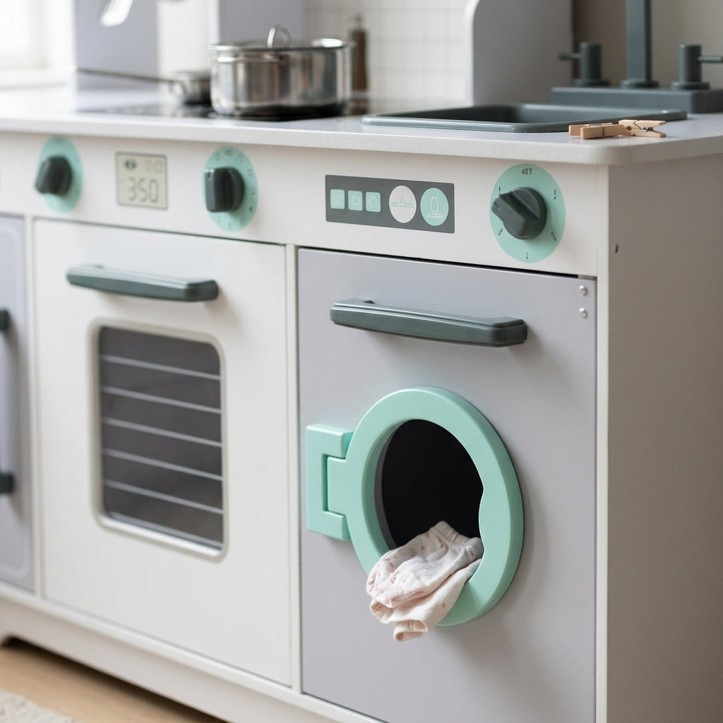 Close-up of the washing machine module on the MeowBaby Grey and Teal Wooden Play Kitchen