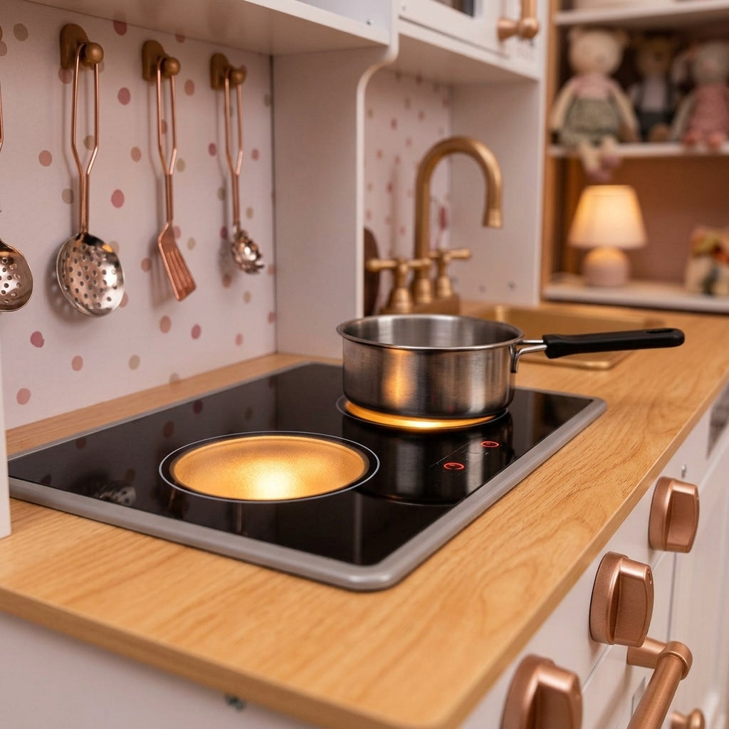 Close-up of the MeowBaby White and Rose Gold Wooden Play Kitchen's illuminating hob detail