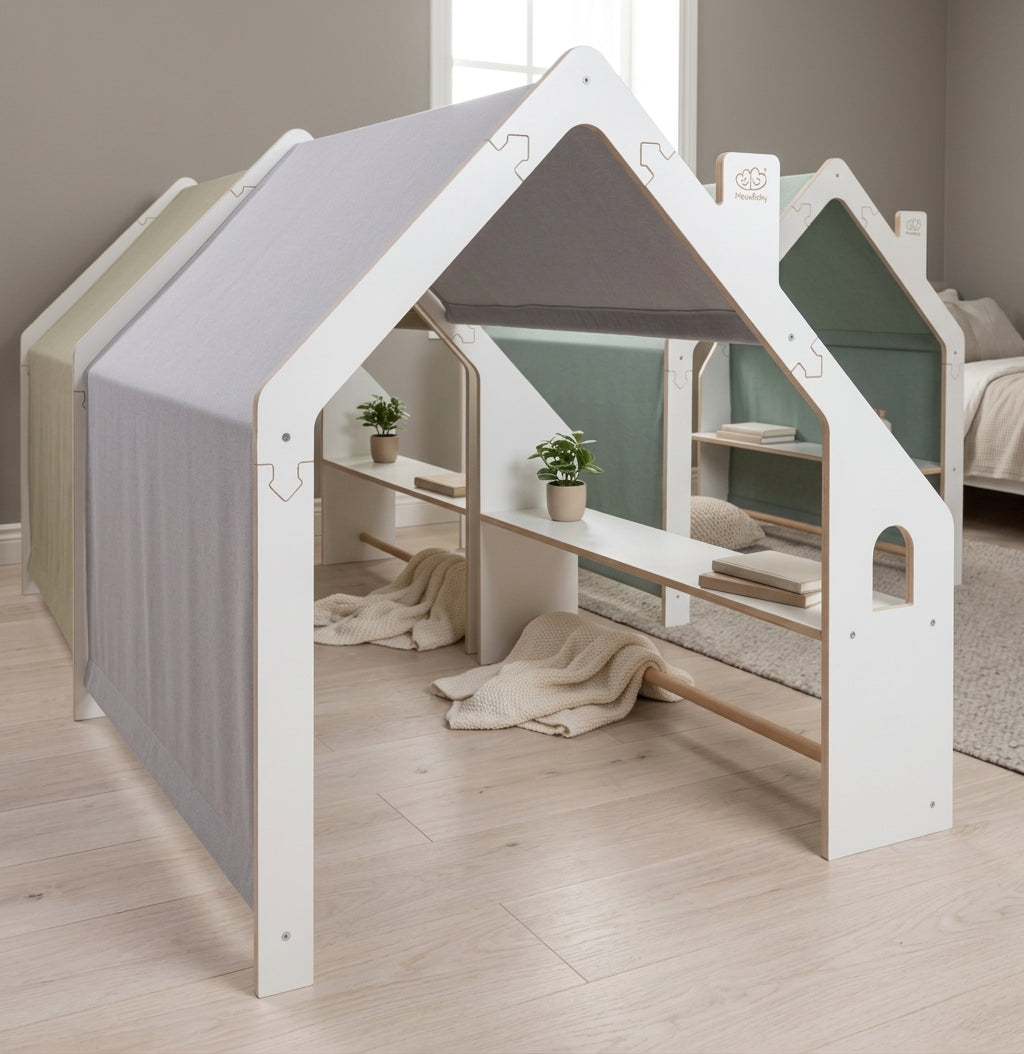 MeowBaby White Wooden Playhouse with Blue Roof shown in a calm bedroom setting