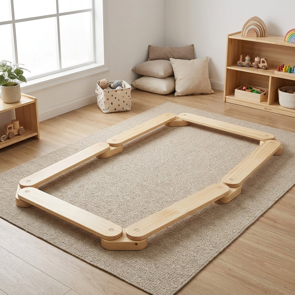 MeowBaby Wooden Balance Beam Sensory Path shown with its plain balancing surface facing up