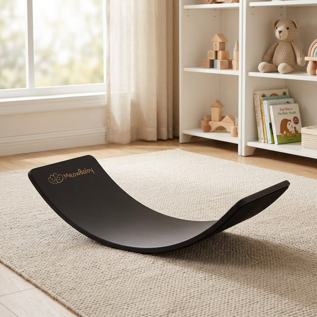 MeowBaby Wooden Balance Board, 80x30cm, shown as a floor wobble board in a calm playroom