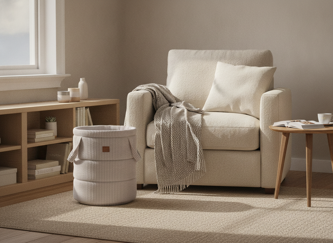 MeowBaby Aesthetic Toy Storage Basket styled as furniture in a living room reading nook