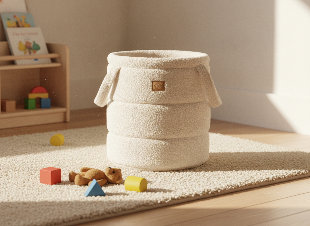 MeowBaby Bearly Toy Storage Basket in Cream teddy fleece in a playroom during toy tidy-up