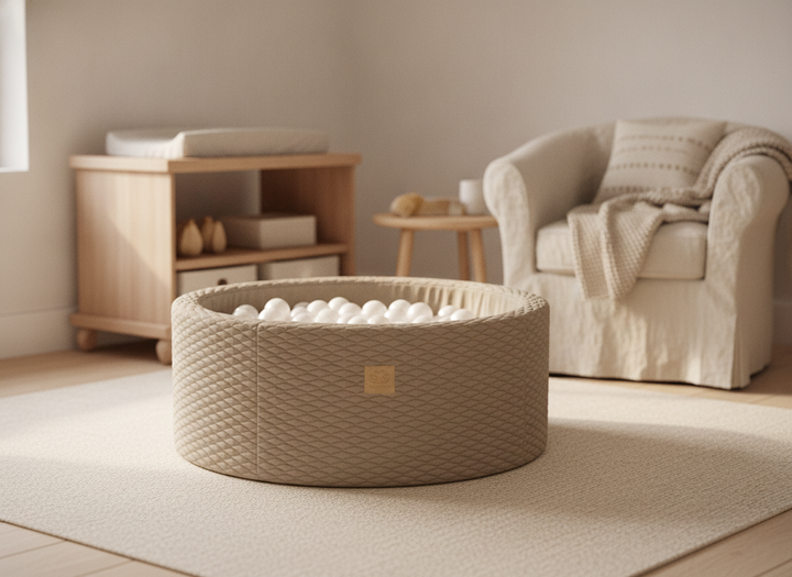 MeowBaby Silver Cloud round foam ball pit in a warm Scandi nursery corner