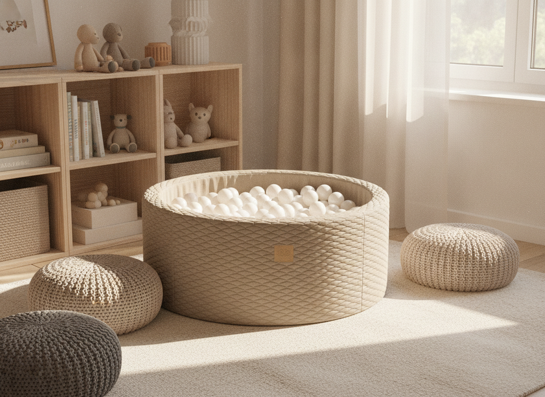 MeowBaby Silver Cloud round foam ball pit in a cosy family living room corner