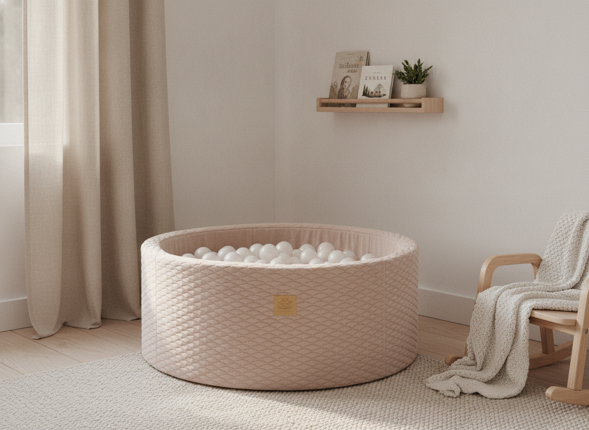 MeowBaby Dune round foam ball pit in a calm Scandi nursery corner