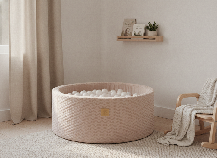 MeowBaby Dune round foam ball pit in a calm Scandi nursery corner