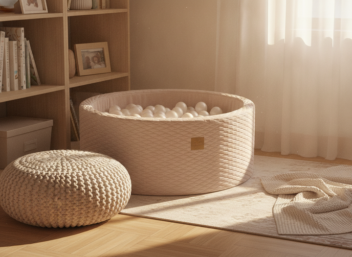 MeowBaby Dune round foam ball pit in a cosy reading nook