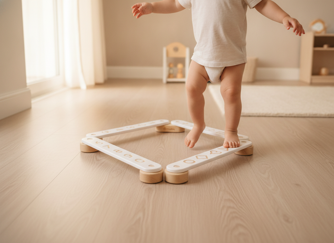Child balancing along a MeowBaby wooden balance beam sensory path, 4-piece, folded into a square on a playroom floor
