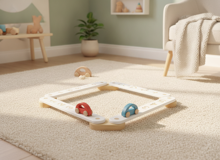 MeowBaby wooden balance beam sensory path, 4-piece, flipped to its road-marking side with toy cars on a nursery rug
