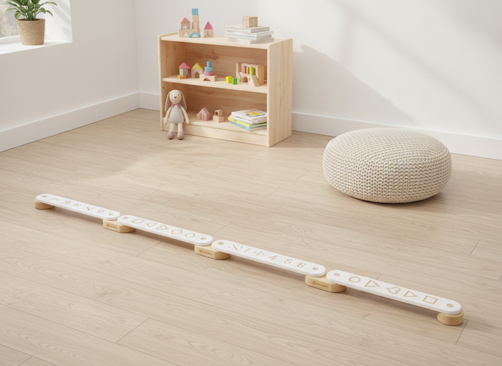 MeowBaby wooden balance beam sensory path, 4-piece, laid out straight on a bedroom floor beside a toy shelf