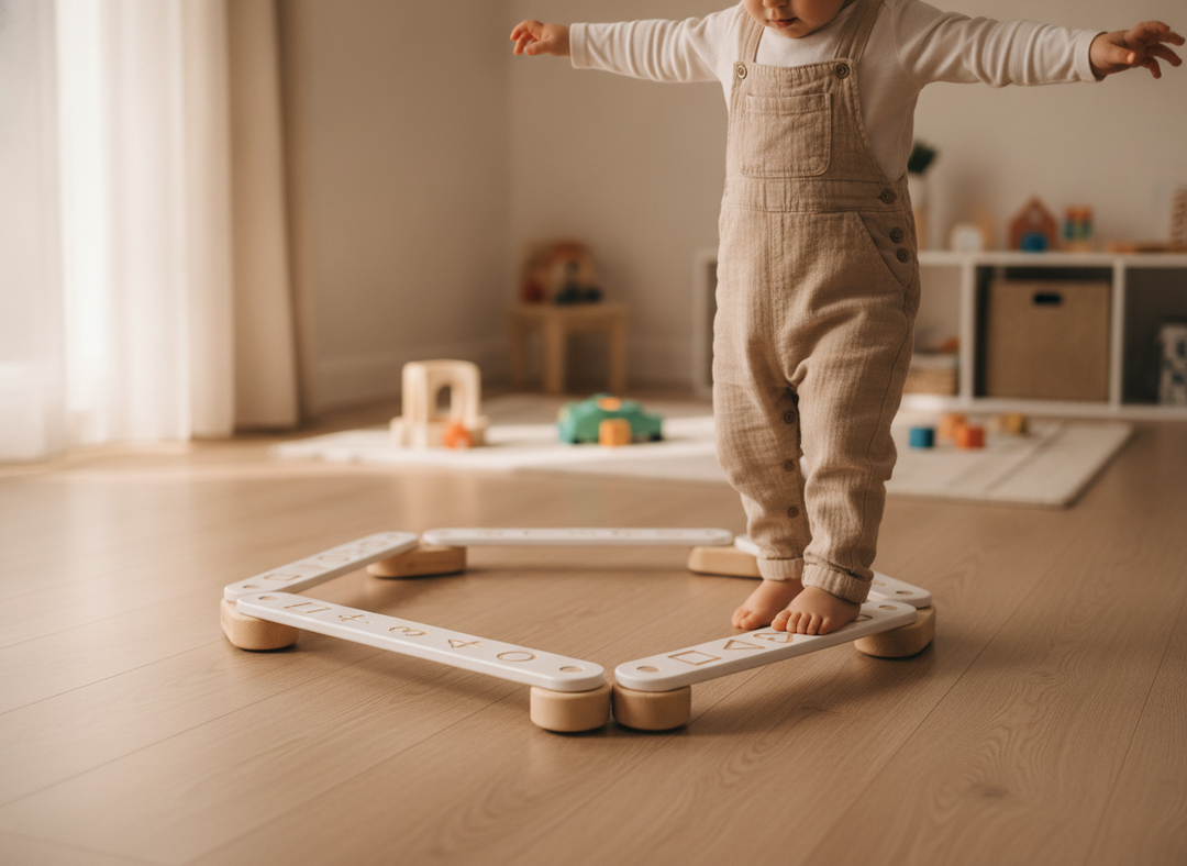 Child balancing along a MeowBaby wooden balance beam sensory path, 5-piece, arranged in a pentagon shape on a playroom floor