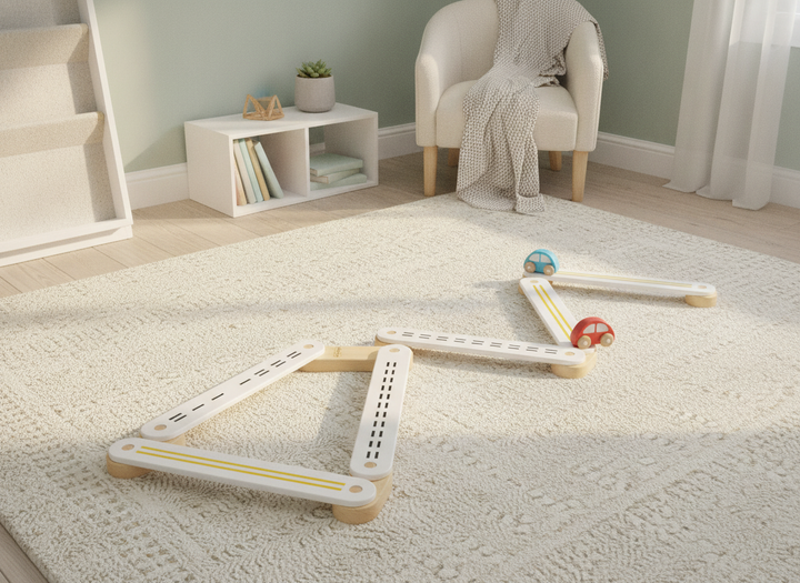MeowBaby wooden balance beam sensory path, 5-piece, flipped to its road-marking side with toy cars on a nursery rug