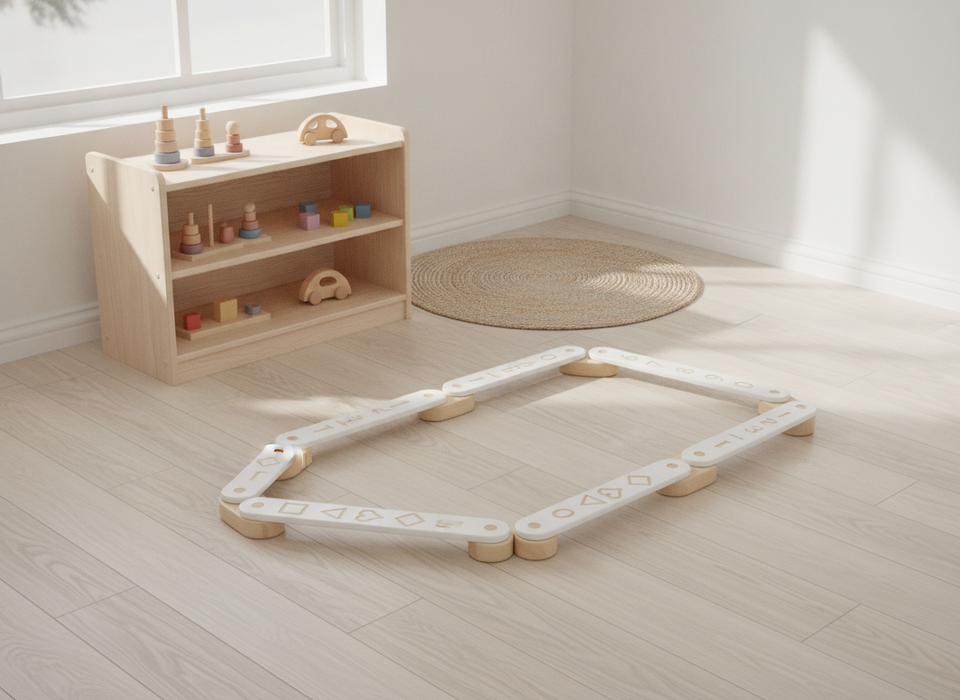 MeowBaby wooden balance beam sensory path, 5-piece, laid out straight on a playroom floor beside a toy shelf