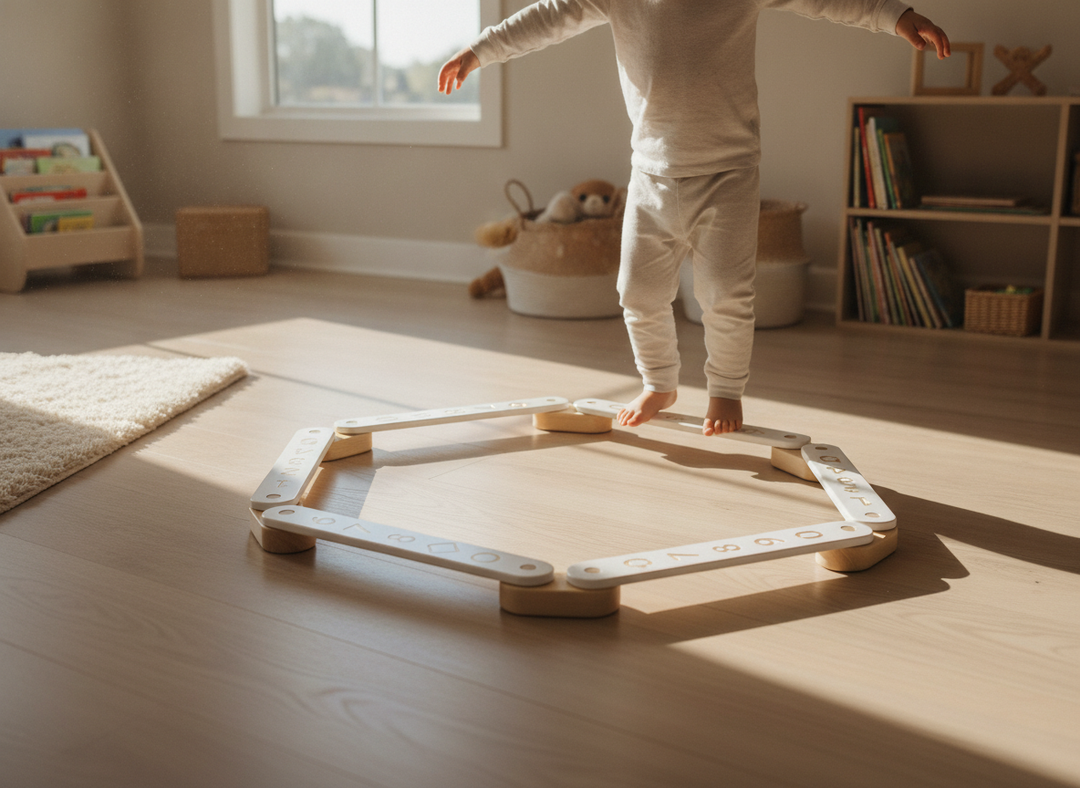 Child balancing along a MeowBaby wooden balance beam sensory path, 6-piece, arranged in a hexagon on a playroom floor