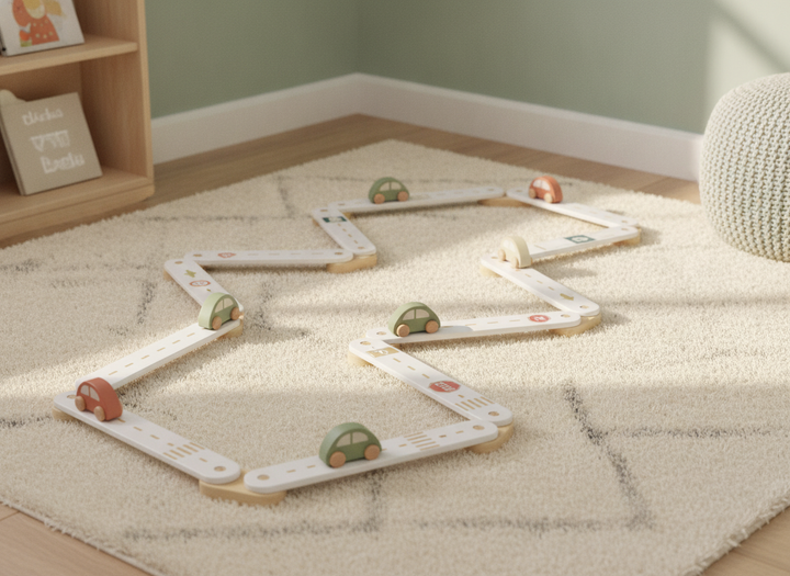 MeowBaby wooden balance beam sensory path, 6-piece, flipped to its road-marking side with toy cars on a nursery rug