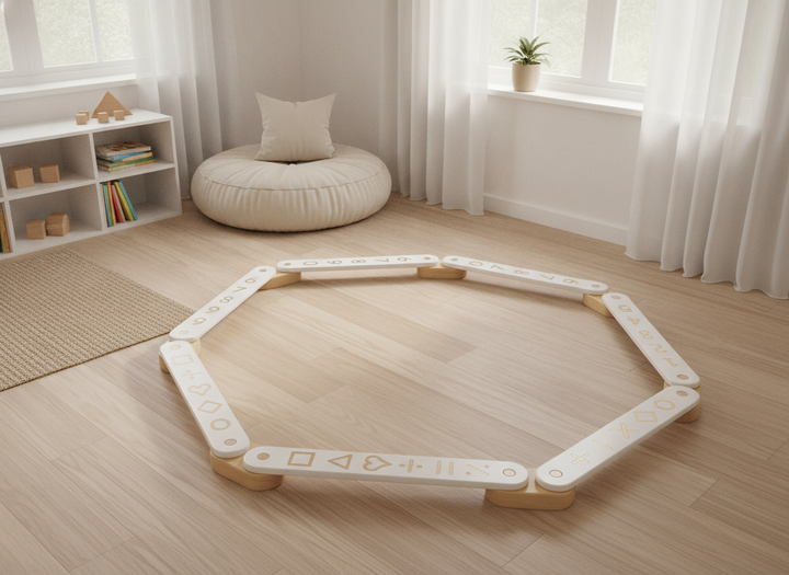 MeowBaby wooden balance beam sensory path, 6-piece, arranged in an arc on a bedroom floor near a reading nook