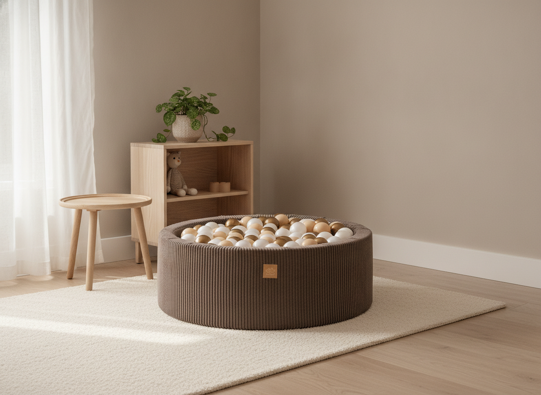 MeowBaby Brown Aesthetic Round Ball Pit in a calm Scandinavian-style nursery corner