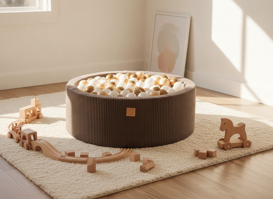 MeowBaby Brown Aesthetic Round Ball Pit on a rug in a bright, sunlit playroom