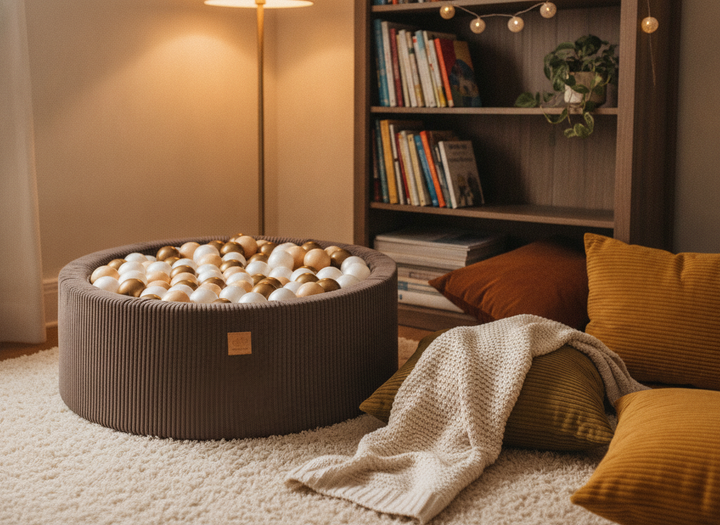 MeowBaby Brown Aesthetic Round Ball Pit in a cosy reading nook beside a bookshelf
