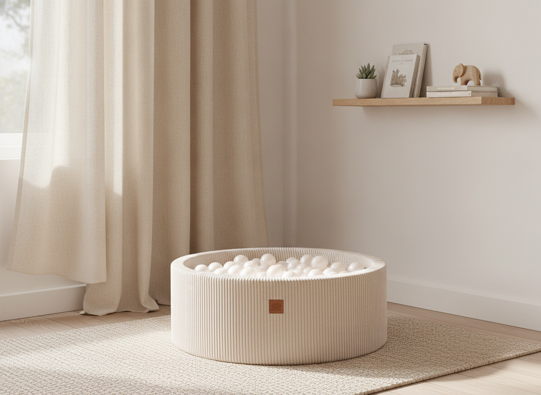 MeowBaby Ecru Aesthetic Round Ball Pit in a calm neutral nursery corner
