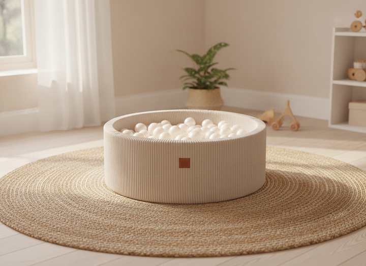MeowBaby Ecru Aesthetic Round Ball Pit on a jute rug in a bright, airy playroom