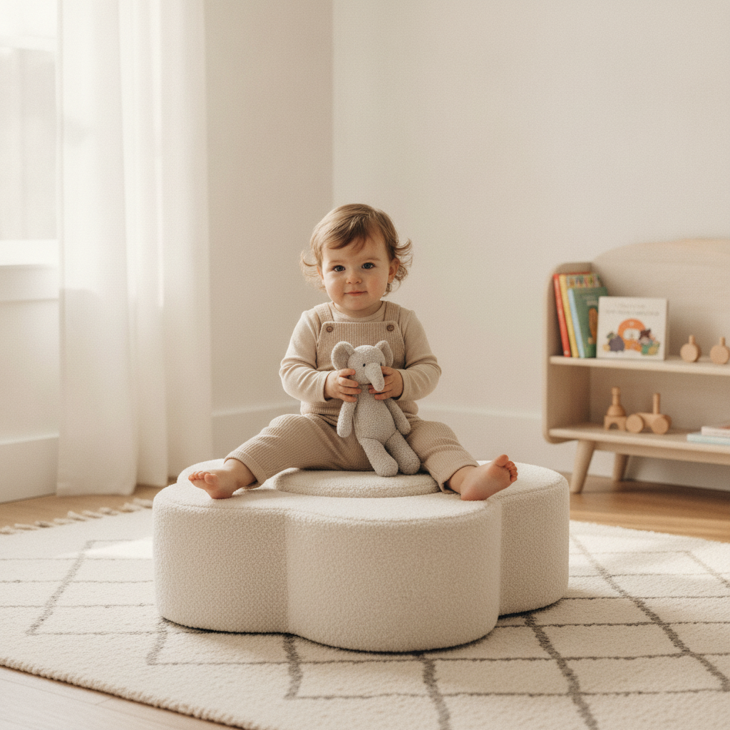 Toddler sitting on the MeowBaby Flower Shape Set foam piece in a calm nursery playroom