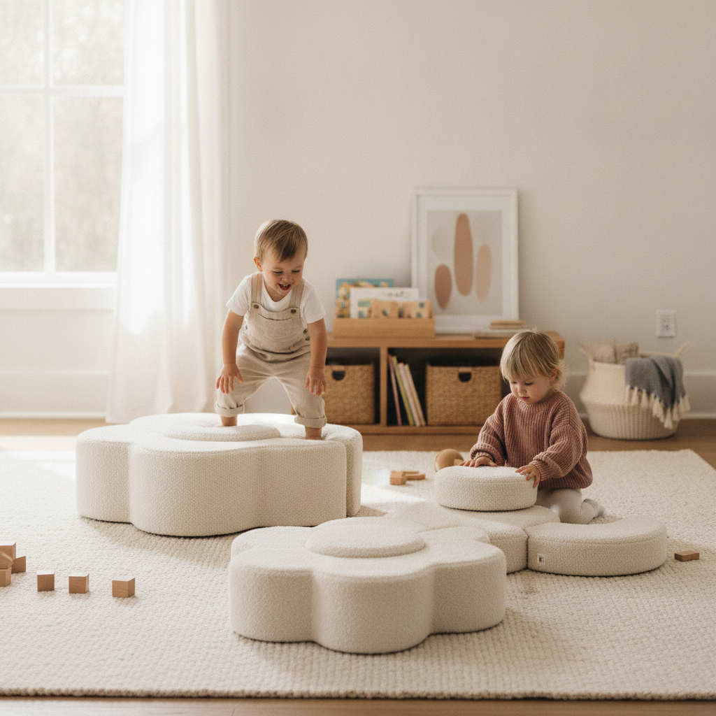 Two children playing with the MeowBaby Flower Shape Set foam pieces in a bright playroom