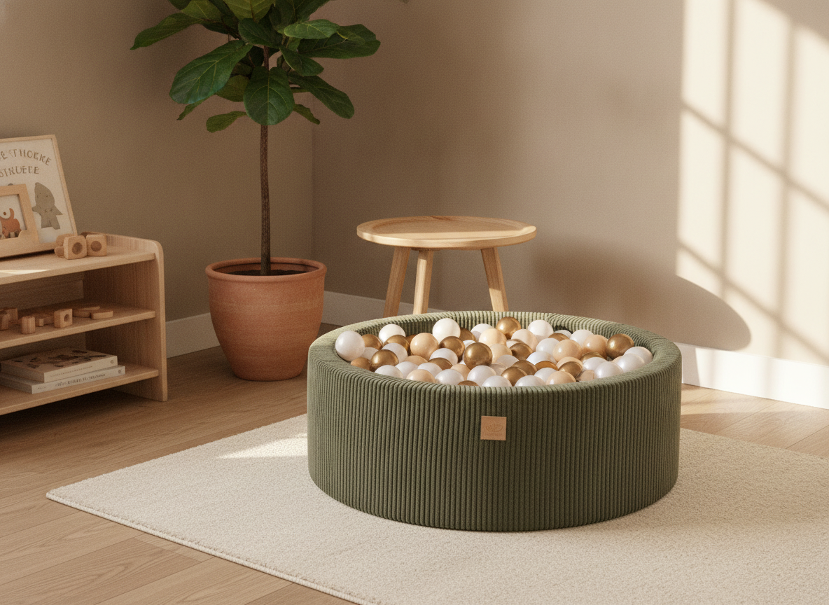 MeowBaby Khaki Aesthetic Round Ball Pit in a warm earthy-toned playroom corner